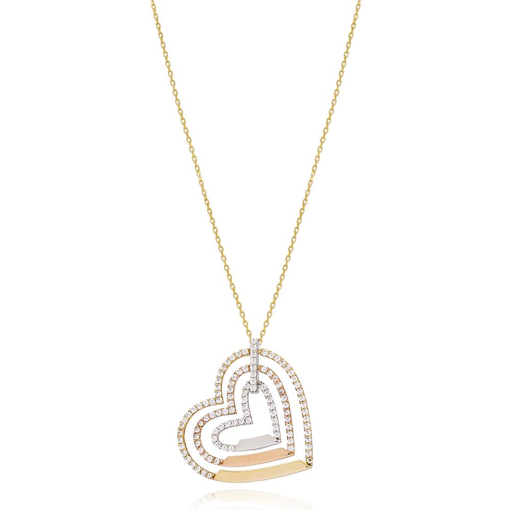 Triple Heart Pendant Turkish 14k Gold Necklace