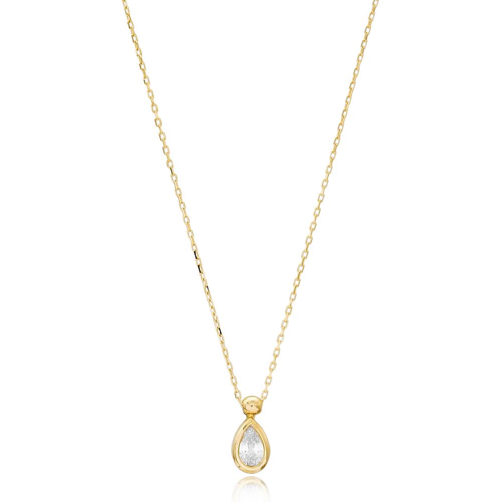 Pear Solitared Wholesale Turkish 14k Gold Necklace