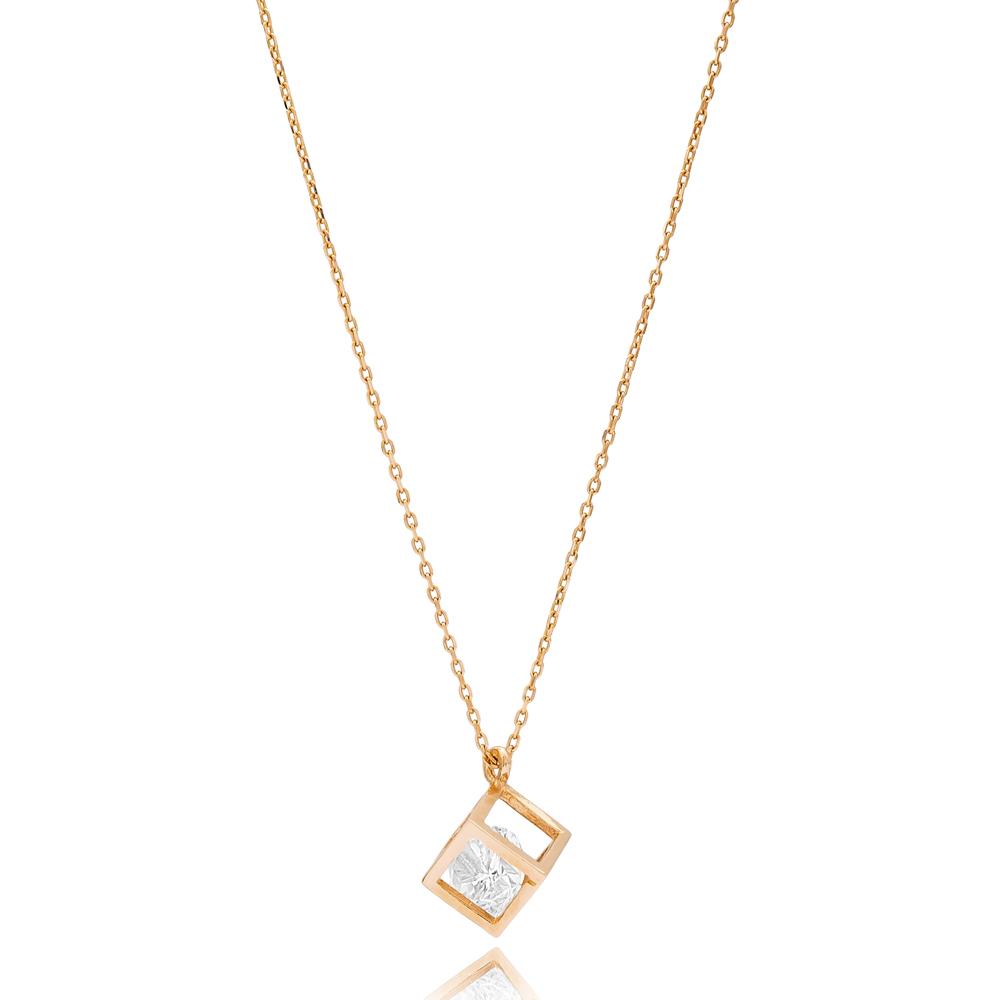 Crystal In Square Cube Wholesale Handmade 14k Gold Necklace