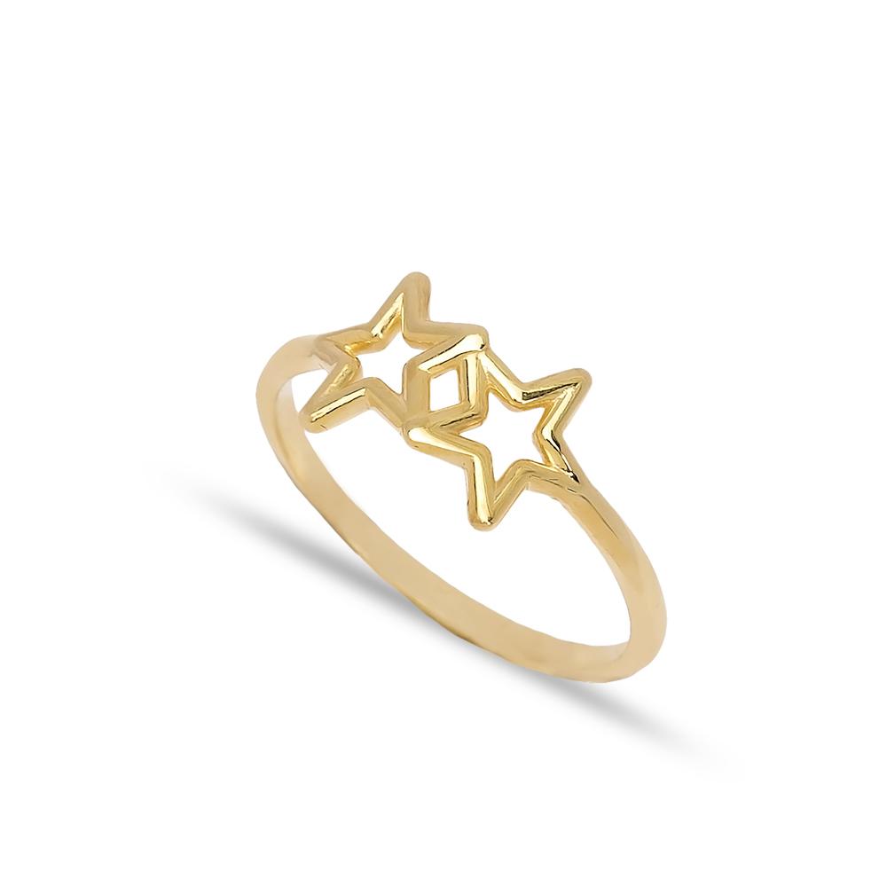 Dual Star Design Ring 14 k Wholesale Handmade Turkish Gold Jewelry