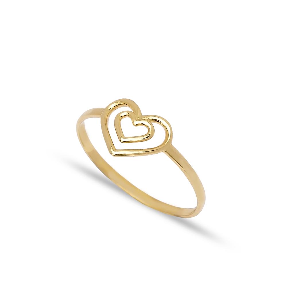 Double Heart Design Ring 14 k Wholesale Handmade Turkish Gold Jewelry