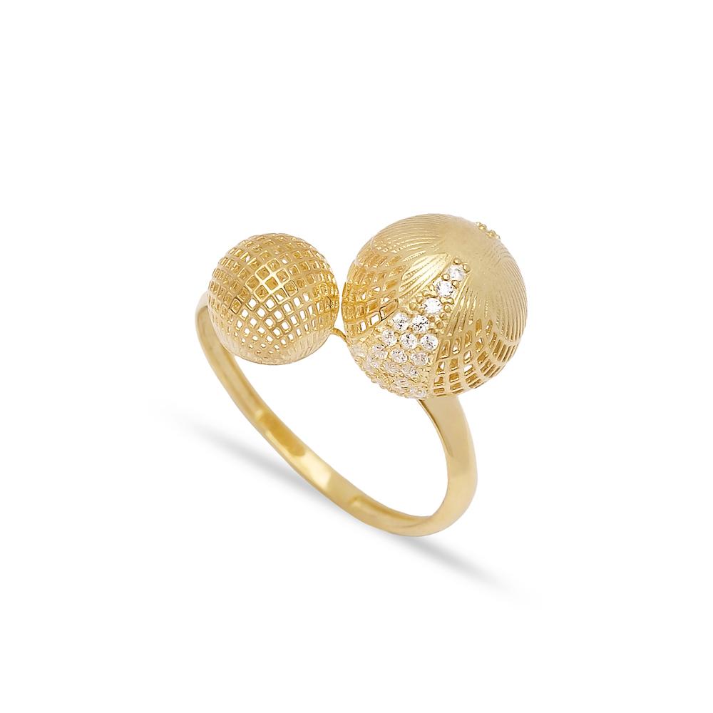 Dual Ball Design Ring 14 k Wholesale Handmade Turkish Gold Jewelry