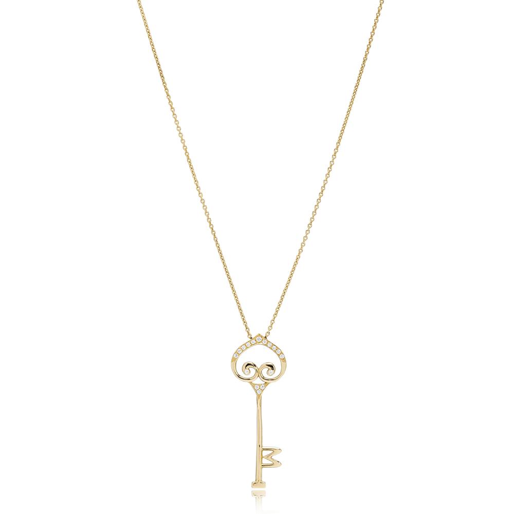 Diamond Key Design Necklace Turkish Wholesale 14k Gold Necklace