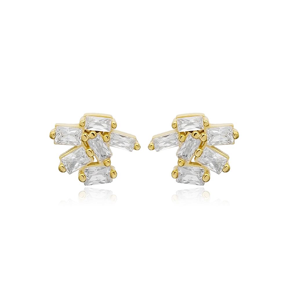 Tiny Cute Baguette Cut Stone Stud Earrings Wholesale Turkish 14k Gold Jewelry