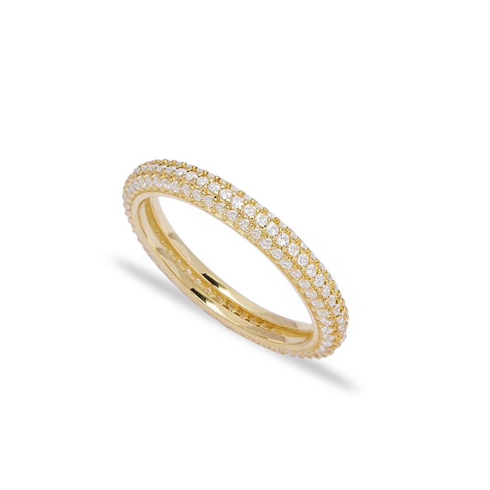 Micro Pave Zirconia Stone Band Ring Turkish Handmade 14k Solid Gold Jewelry