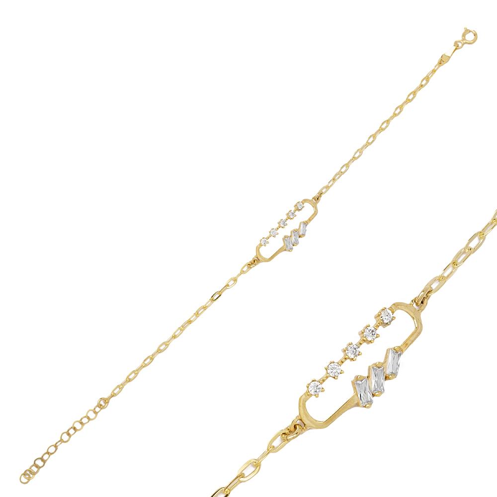 14K Gold Dainty Rectangle Design Baguette Charm Bracelet Turkish Wholesale Gold Jewelry
