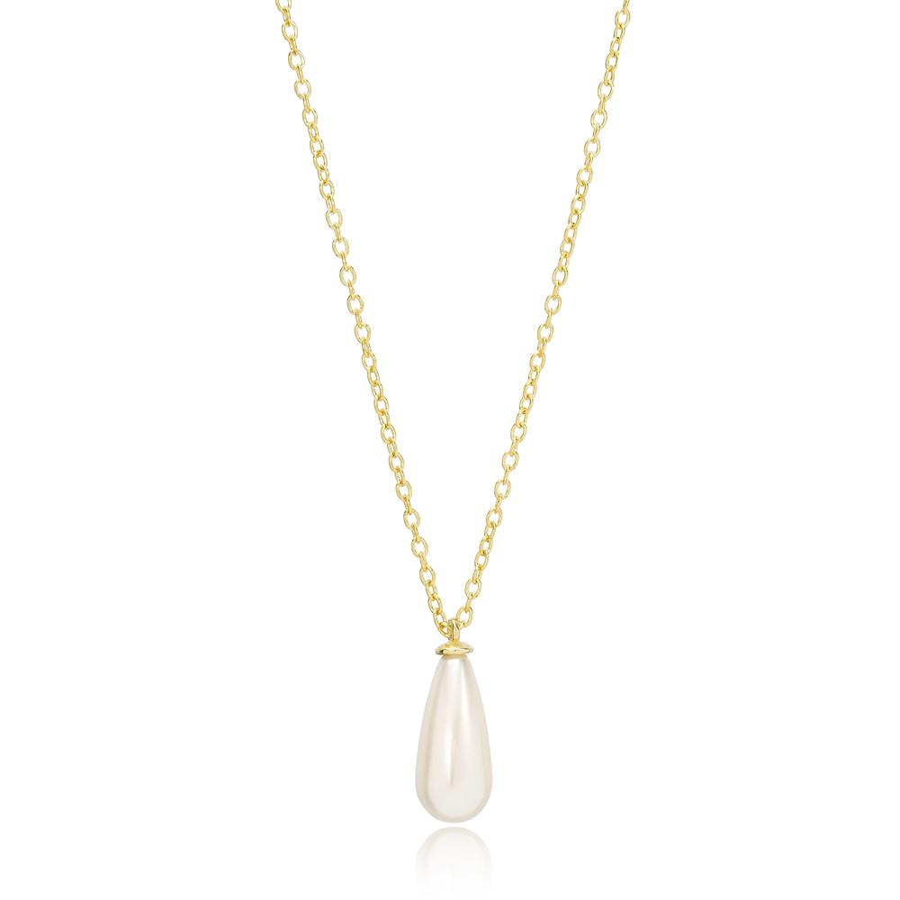 Drop Shape Pearl Charm 14K Pendant Turkish Handcrafted Gold Jewelry