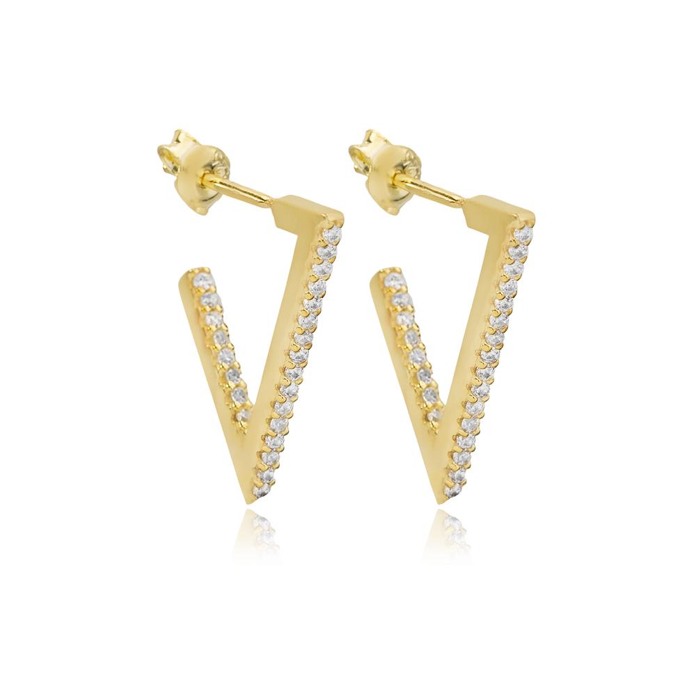 Triangle Design Geometric Stud Earrings Turkish 14K Gold Jewelry