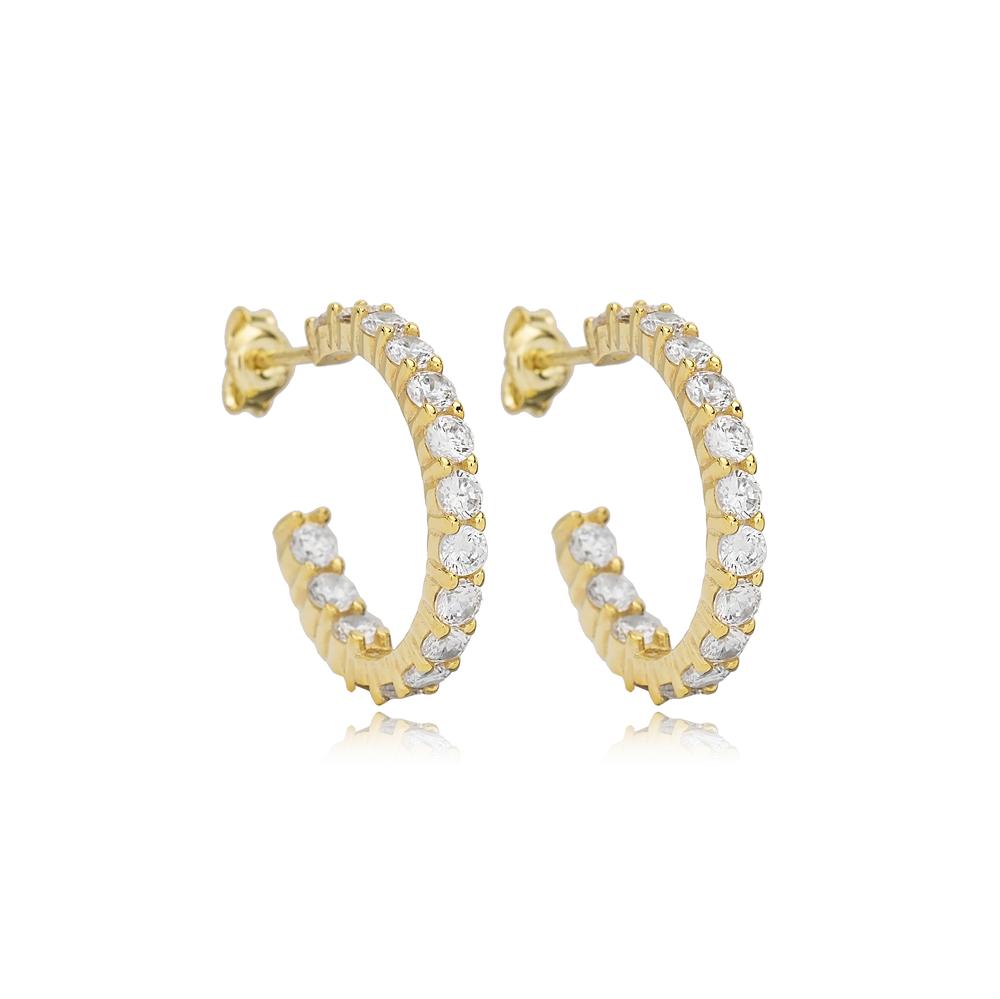 Elagant Zircon Stone Design Hoop Earrings Turkish 14K Gold Jewelry