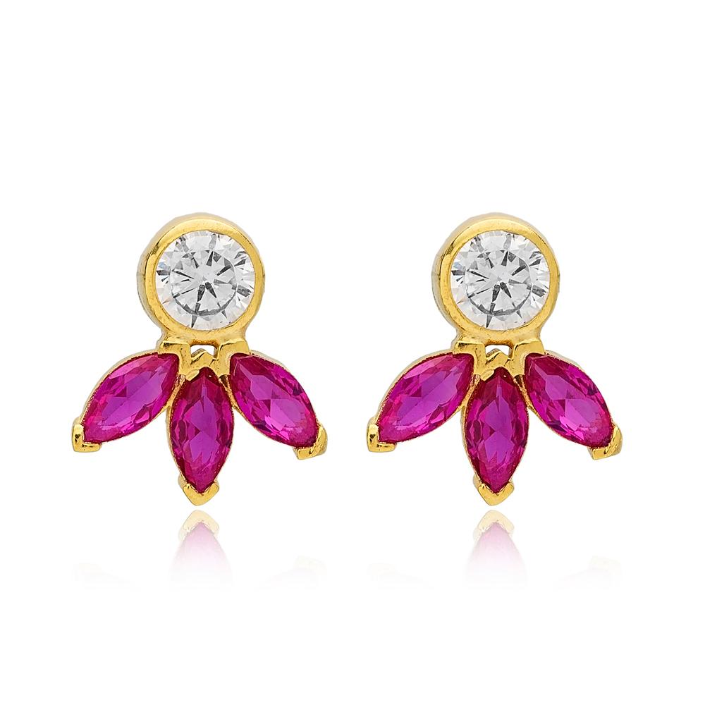 Marquise Cut Ruby with Zircon Stone Stud Earrings 14k Gold Jewelry