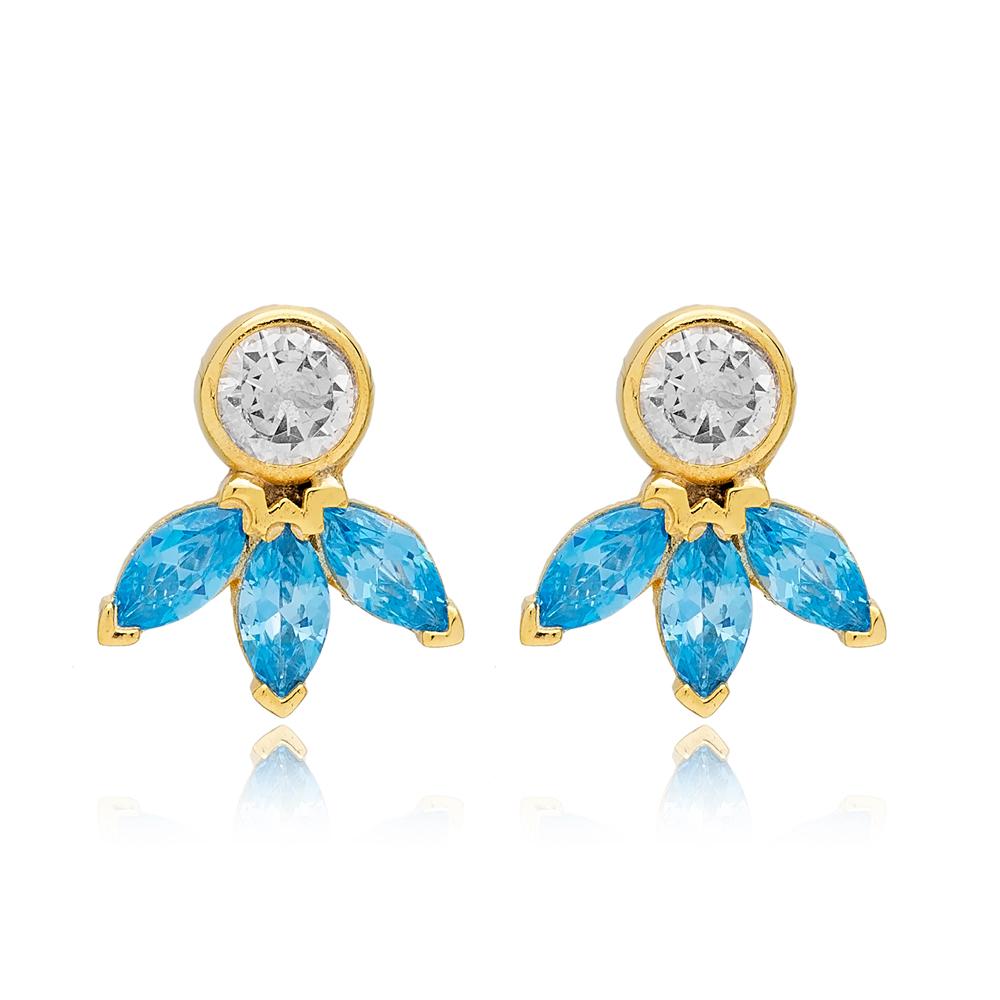 Marquise Cut Aquamarine with Zircon Stone Stud Earrings 14k Gold Jewelry