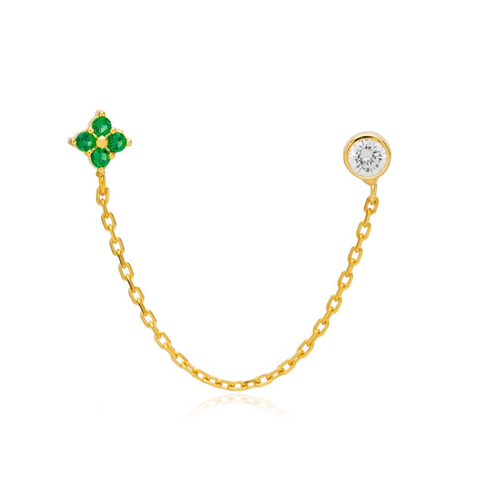 Single Flower Design Emerald Zircon Stone Tiny Double Stud Earrings 14k Gold Jewelry