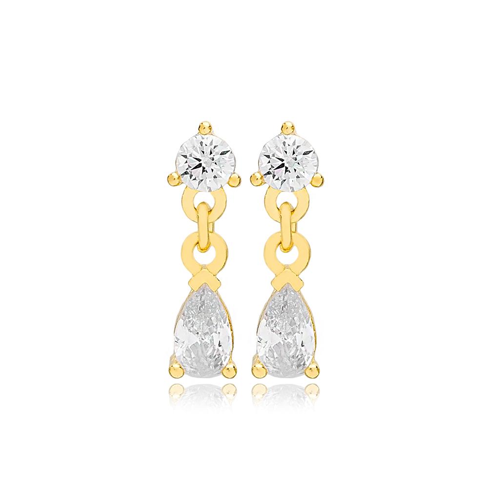 Pear Cut Shiny Zircon Stone Stud Earrings 14k Gold Jewelry