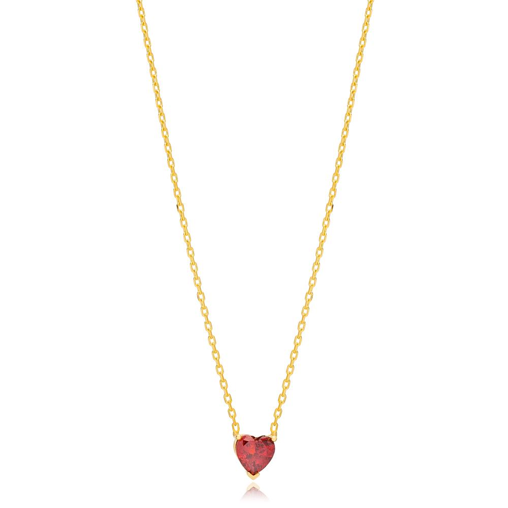 Heart Shape Garnet Stone Charm Necklace Turkish Handcrafted 14K Gold Jewelry