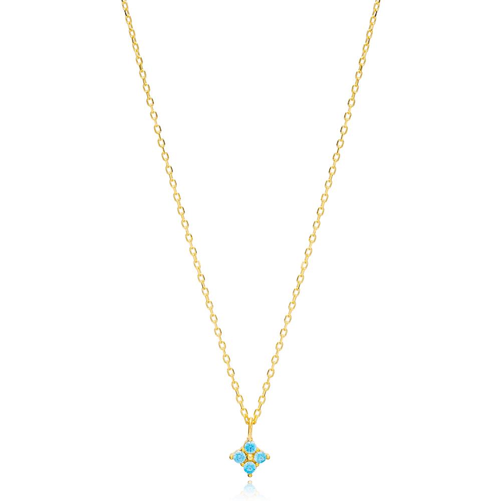 Minimalist Geometric Shape Aquamarine Stone Charm Necklace Turkish Handcrafted 14K Gold Jewelry
