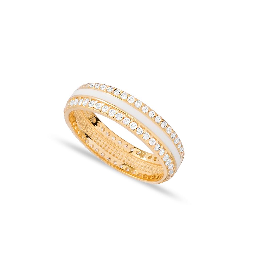 White Enamel Design Zircon Stone Band Ring Turkish Handmade 14k Solid Gold Jewelry