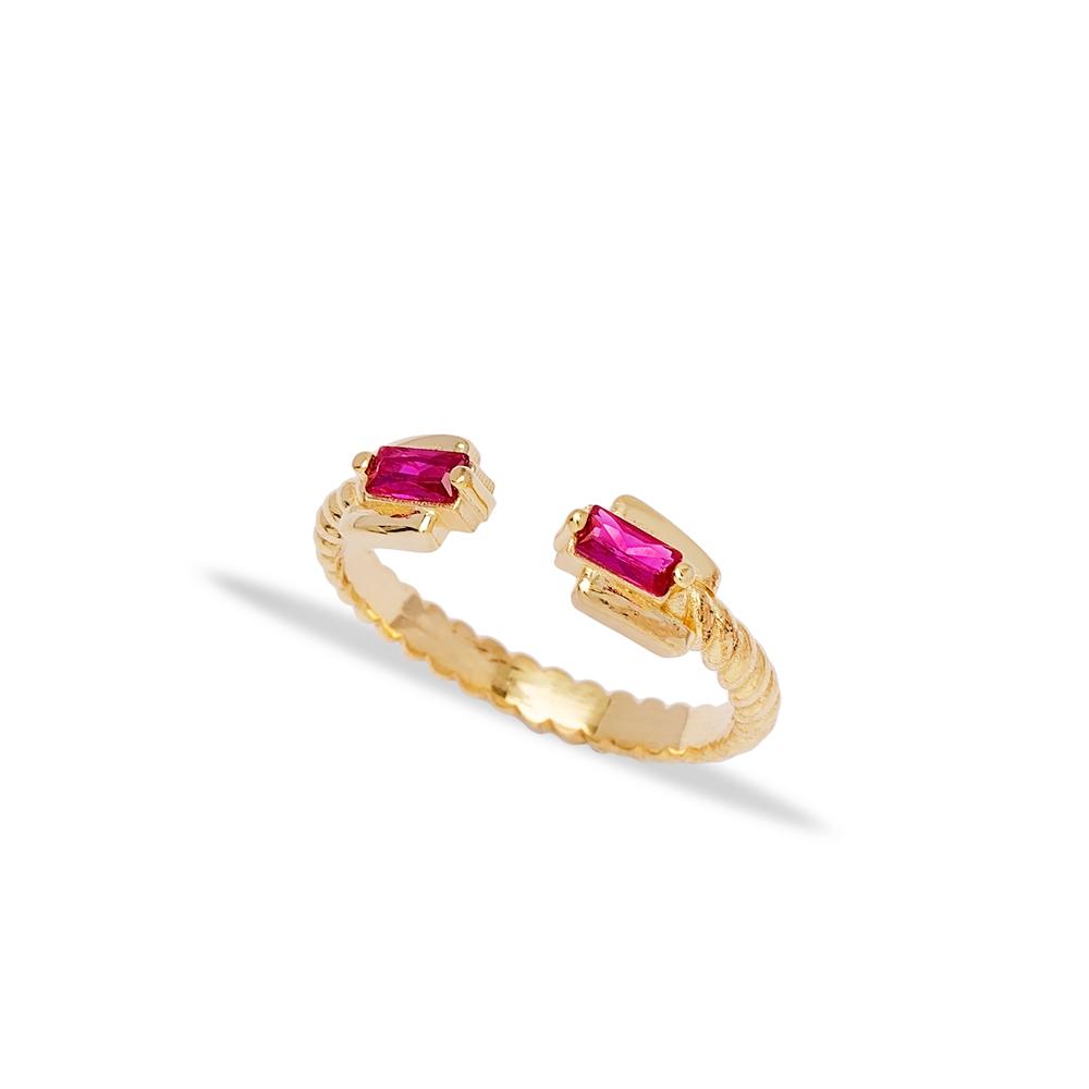 Double Baguette Ruby Stone Adjustable Ring 14k Gold Jewelry