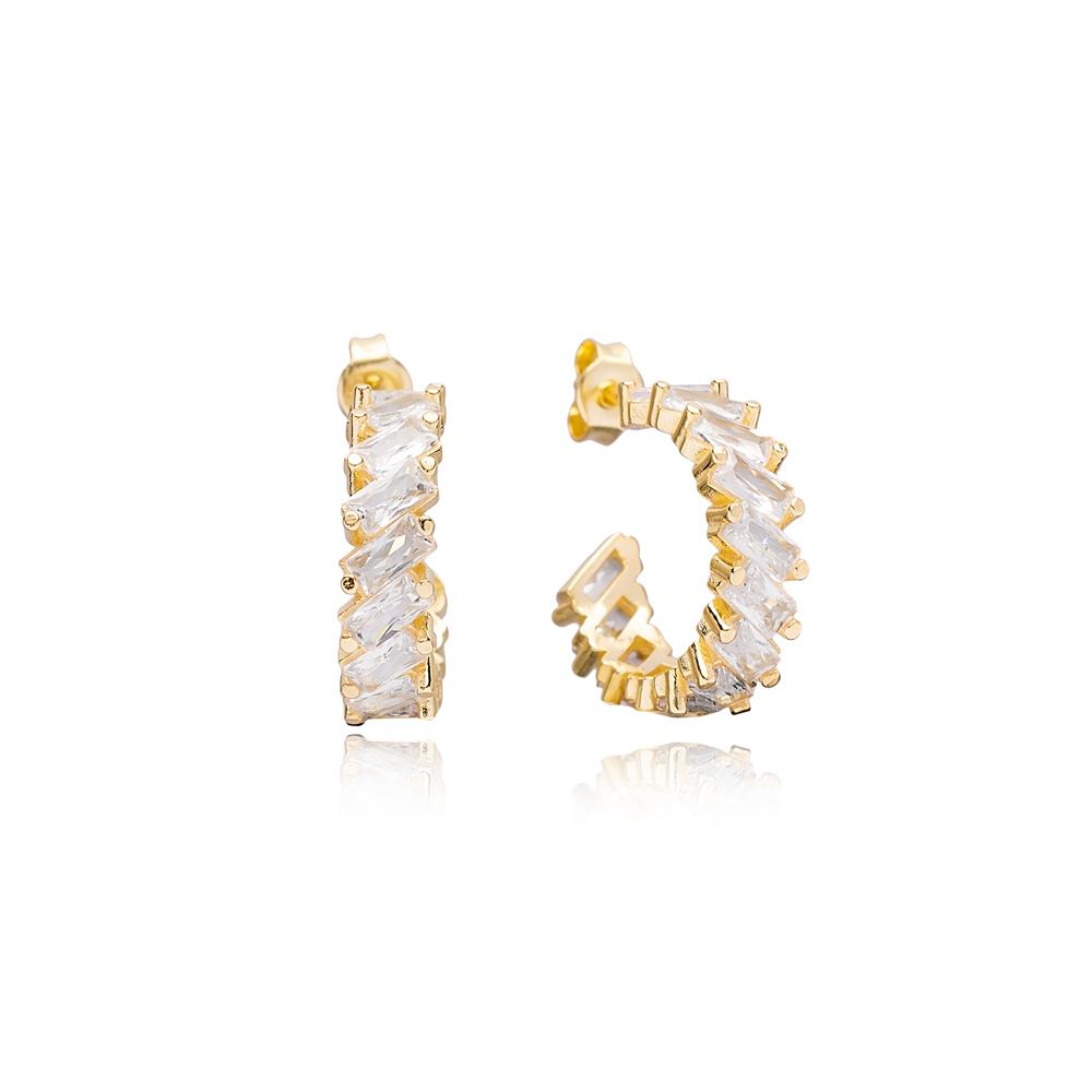 Unique Baguette Zircon Stone Design Hoop Earrings Turkish 14K Gold Jewelry