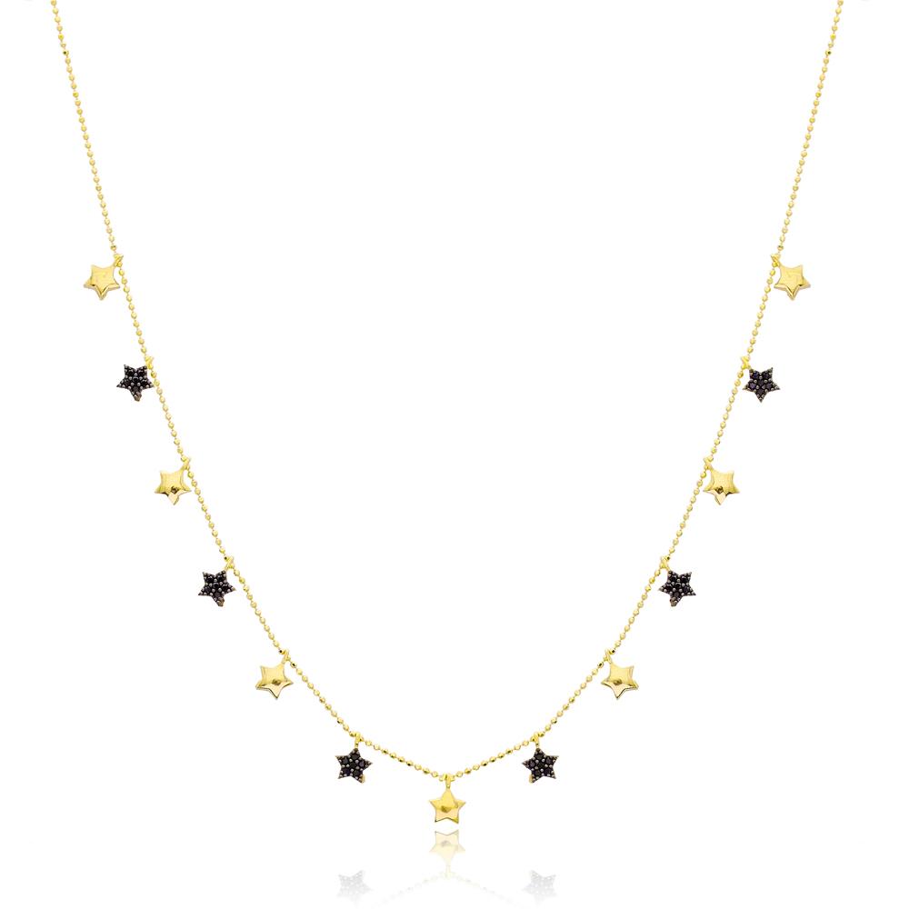 Star Charm Black Zircon Stone Shaker Necklace Wholesale Turkish Handcrafted 14K Gold Jewelry