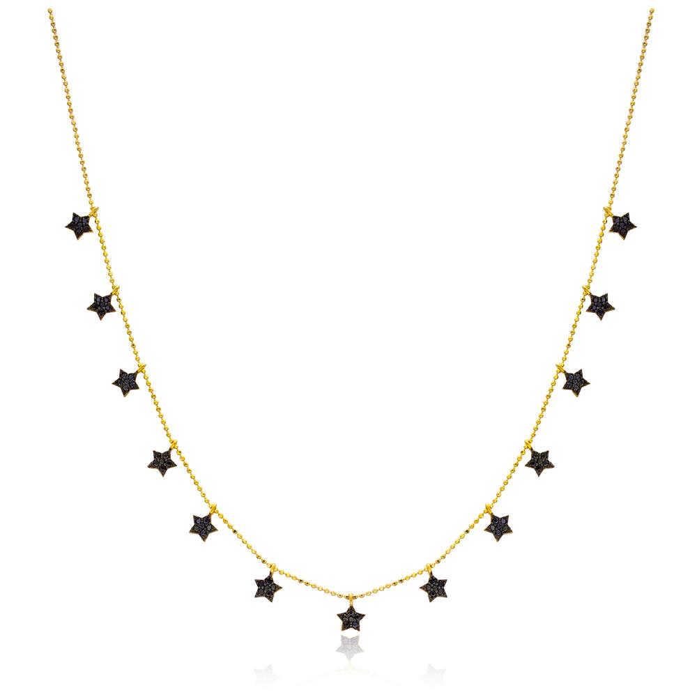 Black Zircon Stone Star Charm Shaker Necklace Wholesale Turkish Handcrafted 14K Gold Jewelry