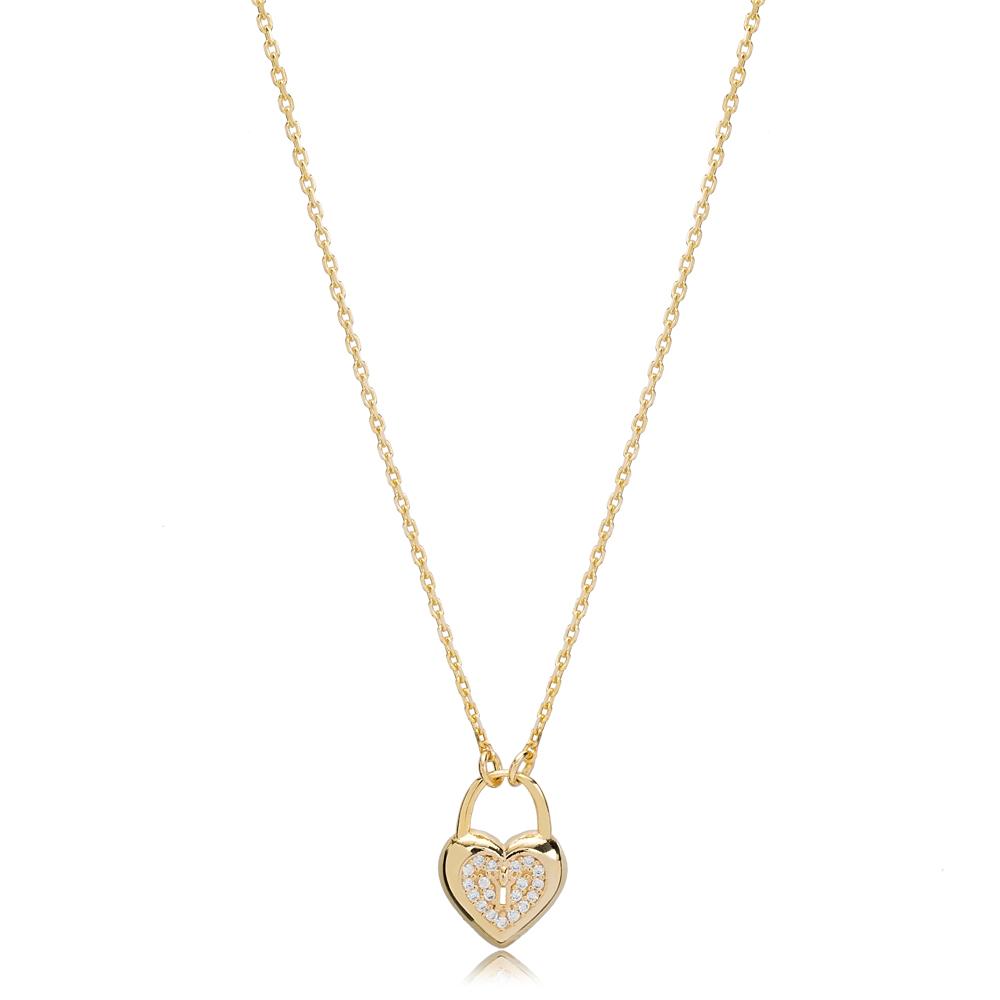 Padlock Heart Shape Zircon Stone Charm Necklace Turkish Handcrafted 14K Gold Jewelry