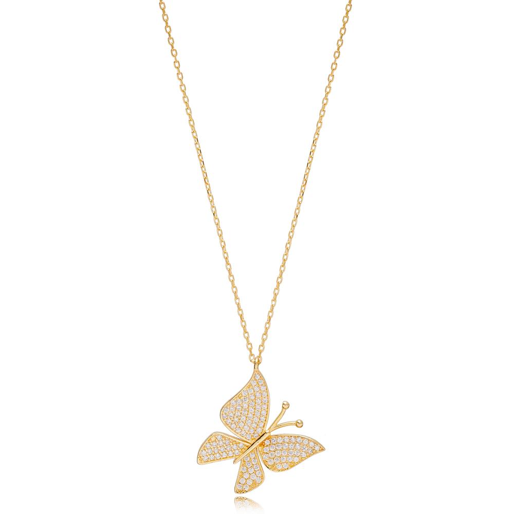 Butterfly Animal Design Zircon Stone Charm Necklace Turkish Handcrafted 14K Gold Jewelry