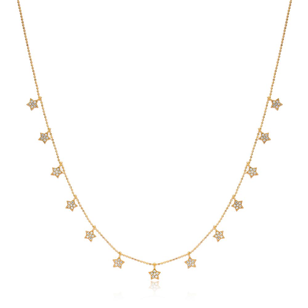 Zircon Stone Star Charm Shaker Necklace Wholesale Turkish Handcrafted 14K Gold Jewelry