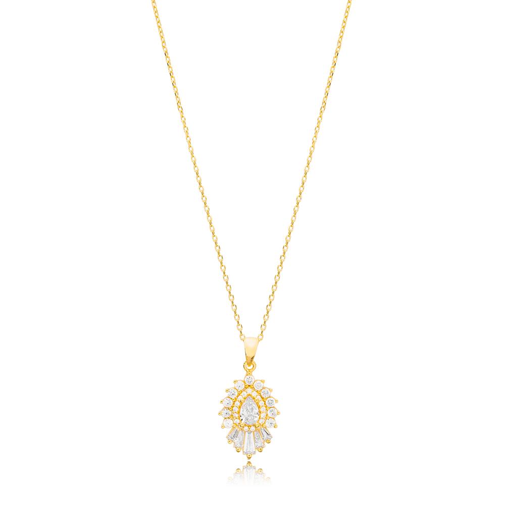 Elegant Shiny Zircon Stone Charm Necklace Turkish Handcrafted 14K Gold Jewelry