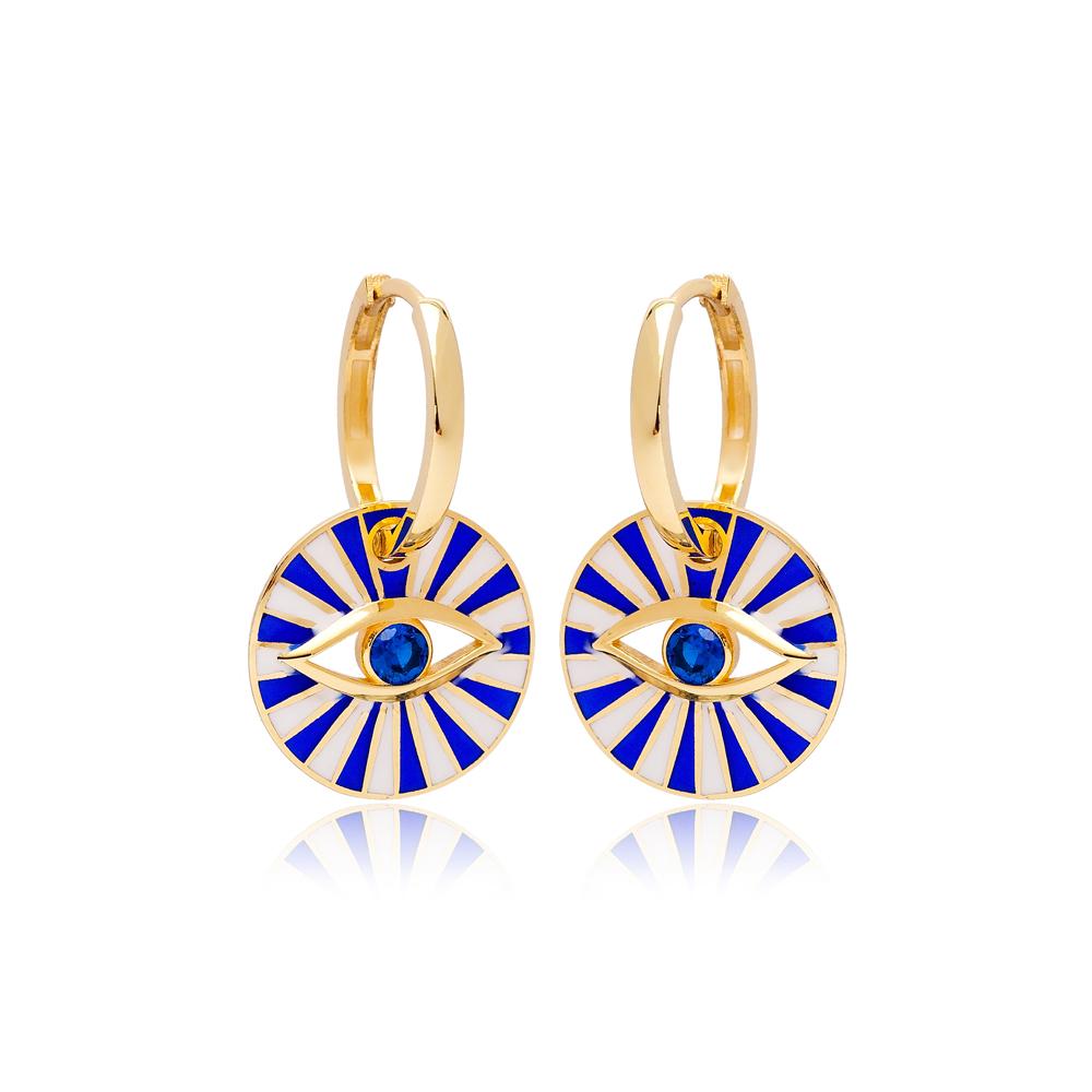 Evil Eye Design Blue with White Colors Enamel Dangle Earrings 14k Gold Jewelry