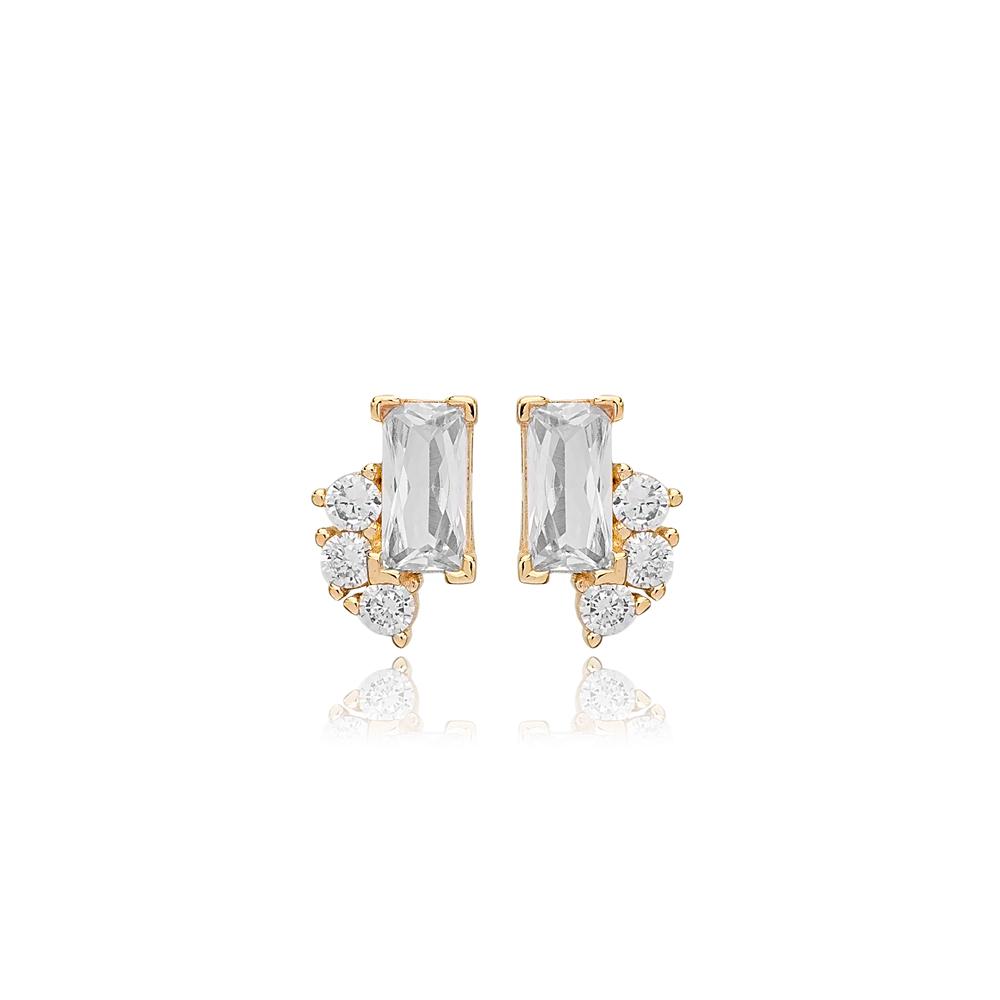 Tiny Clear Baguette Zircon Stone Stud Earrings 14k Gold Jewelry